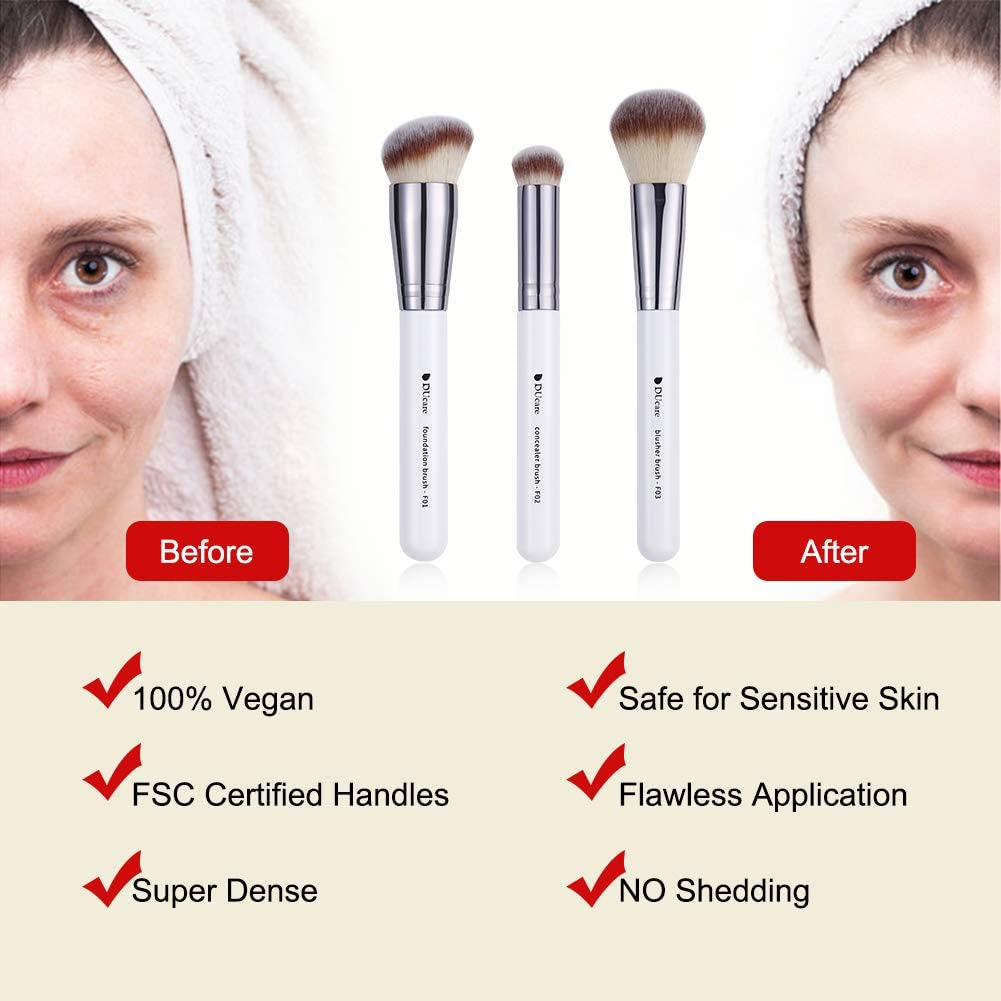 Makeup Brushes 3Pcs Foundation Contour Brush& Concealer Brush& Blusher Brush Face Kabuki Blush Bronzer Travel Buffing Stippling Contour Liquid Blending Makeup Brush Set White