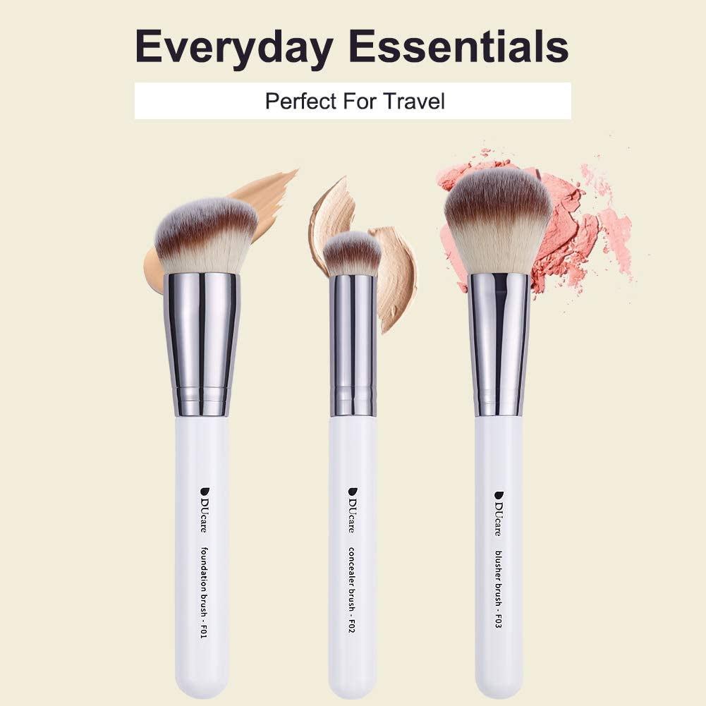 Makeup Brushes 3Pcs Foundation Contour Brush& Concealer Brush& Blusher Brush Face Kabuki Blush Bronzer Travel Buffing Stippling Contour Liquid Blending Makeup Brush Set White