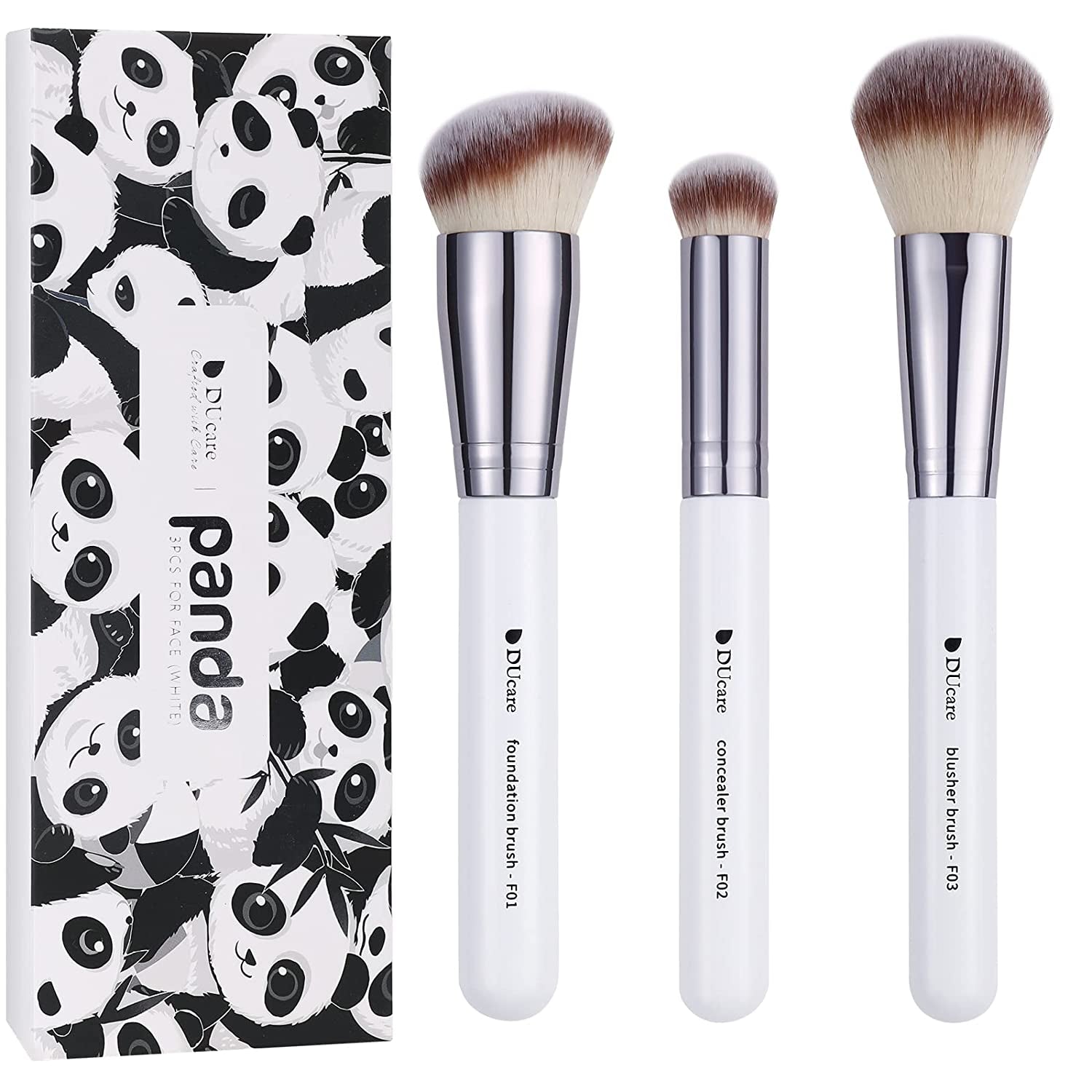 Makeup Brushes 3Pcs Foundation Contour Brush& Concealer Brush& Blusher Brush Face Kabuki Blush Bronzer Travel Buffing Stippling Contour Liquid Blending Makeup Brush Set White