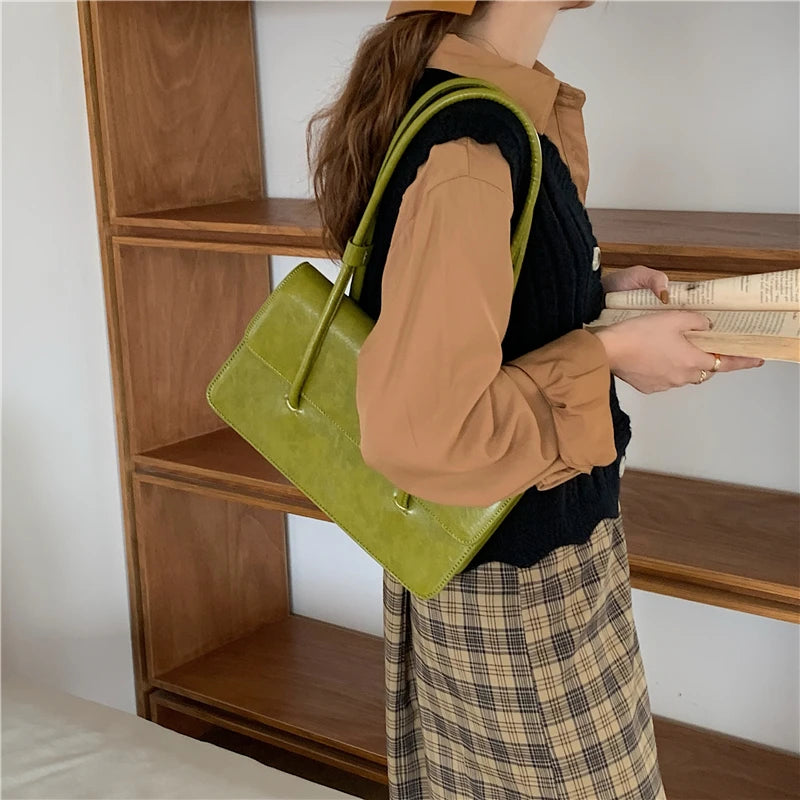 Retro Simple Women'S Underarm Bag Vintage Green Ladies Square Shoulder Bags Winter Fashion Female Tote Purse Top Handle Handbags