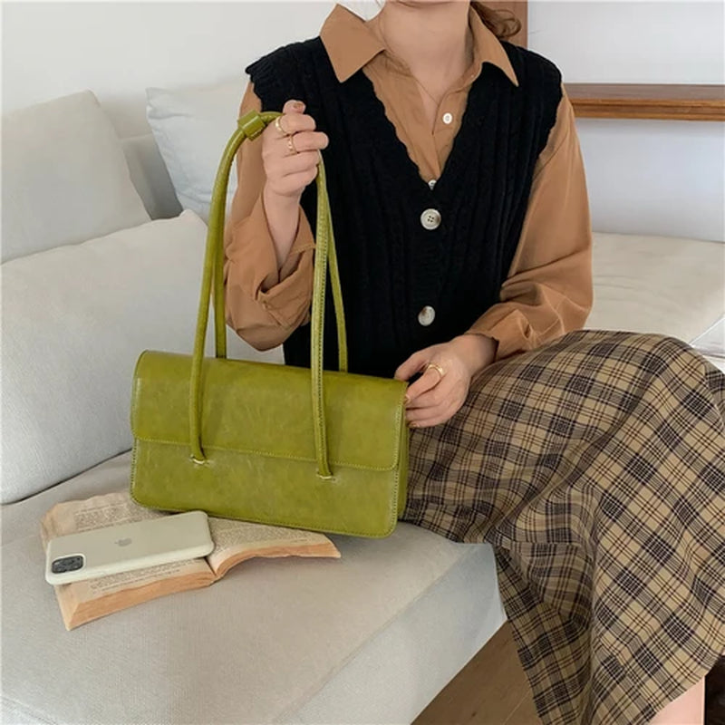 Retro Simple Women'S Underarm Bag Vintage Green Ladies Square Shoulder Bags Winter Fashion Female Tote Purse Top Handle Handbags